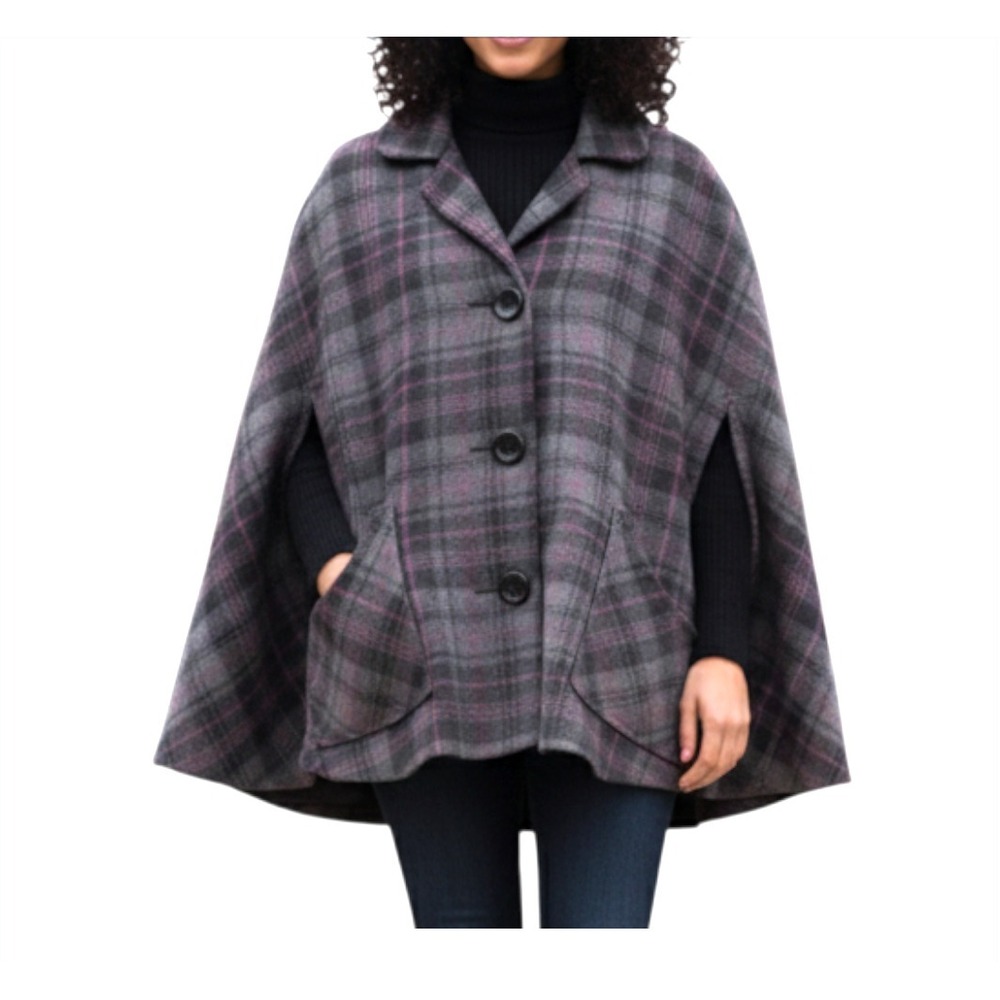 PRESTON & YORK Retro Cape Jacket GRAY TARTAN PLAID Button-Front WOOL BLEND O/S